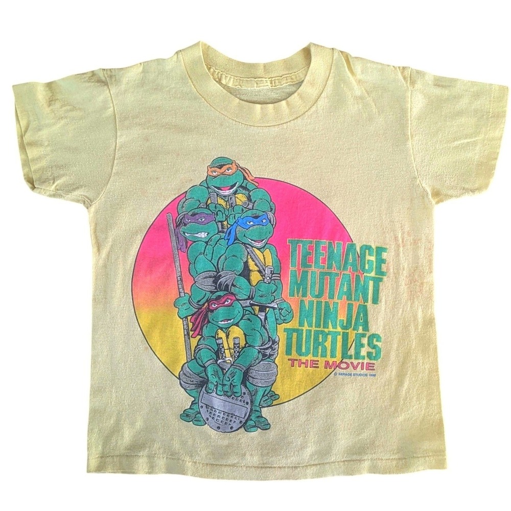 Vintage 1990 Teenage Mutant Ninja Turtles The Movie Kids T-Shirt Yellow 90s TMNT